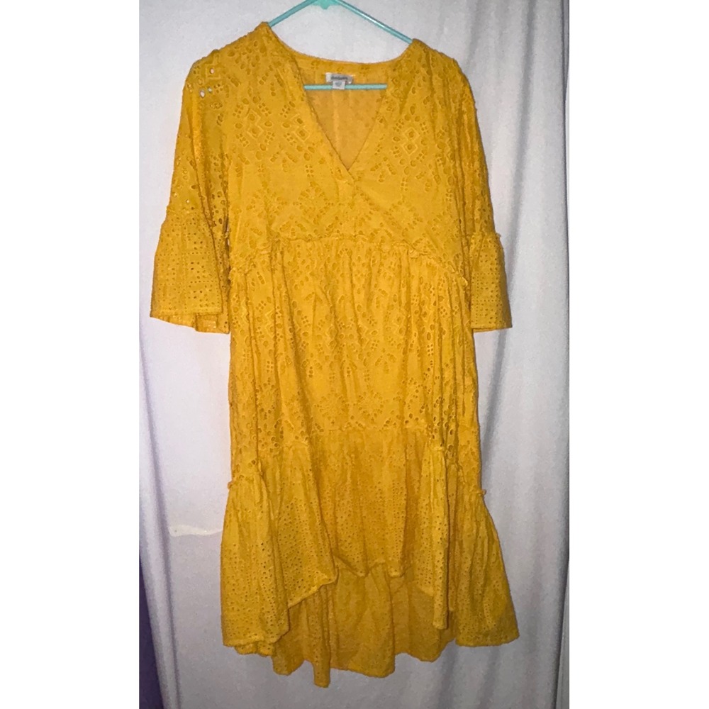 Sundance Mustard Yellow Eyelet Embroidered Dress, Boho V Neck Hi-Low,β XXS